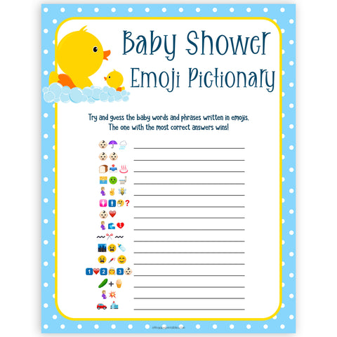 rubber ducky baby games, emoji pictionary baby game, printable baby games, baby shower games, rubber ducky baby theme, fun baby games, popular baby games