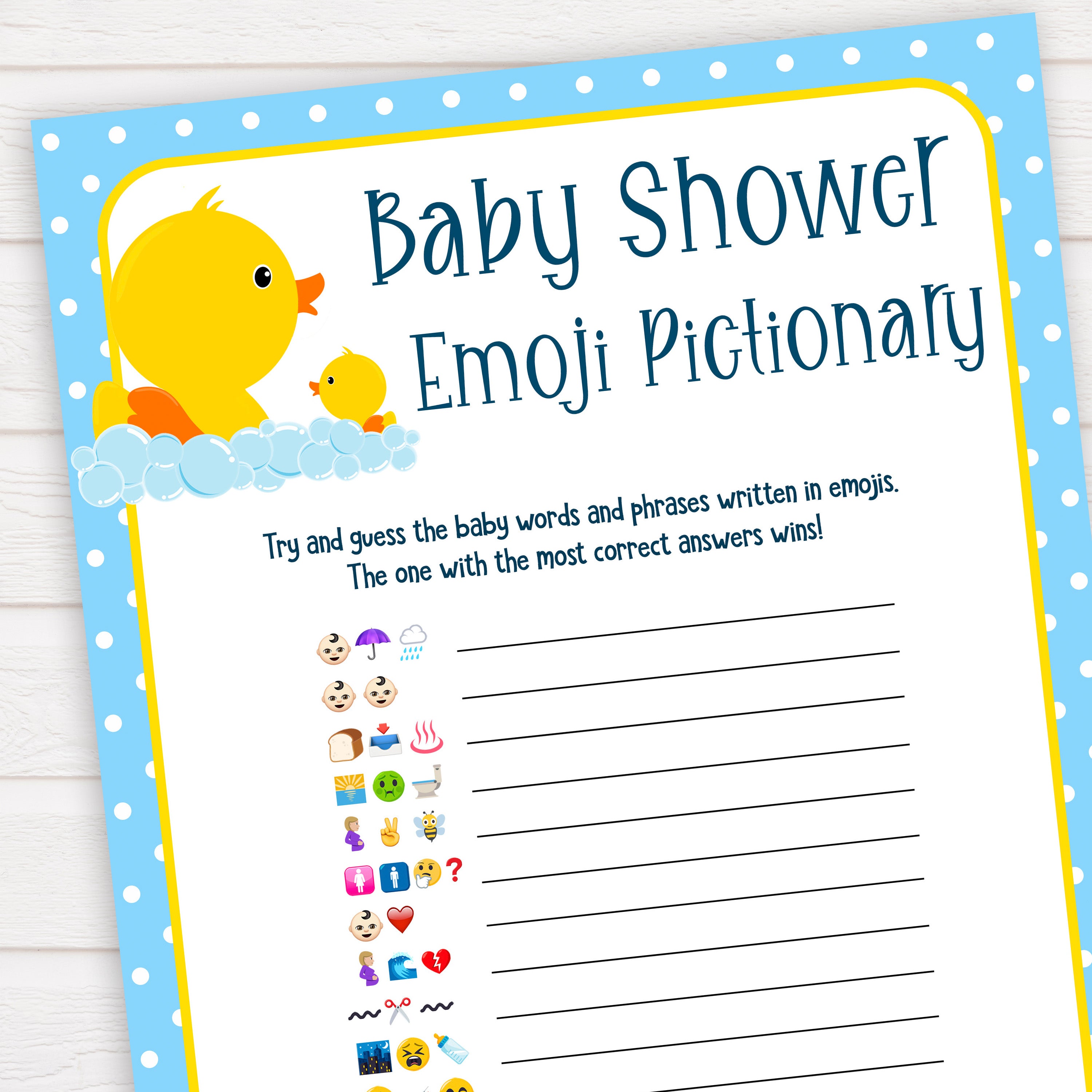 rubber ducky baby games, emoji pictionary baby game, printable baby games, baby shower games, rubber ducky baby theme, fun baby games, popular baby games
