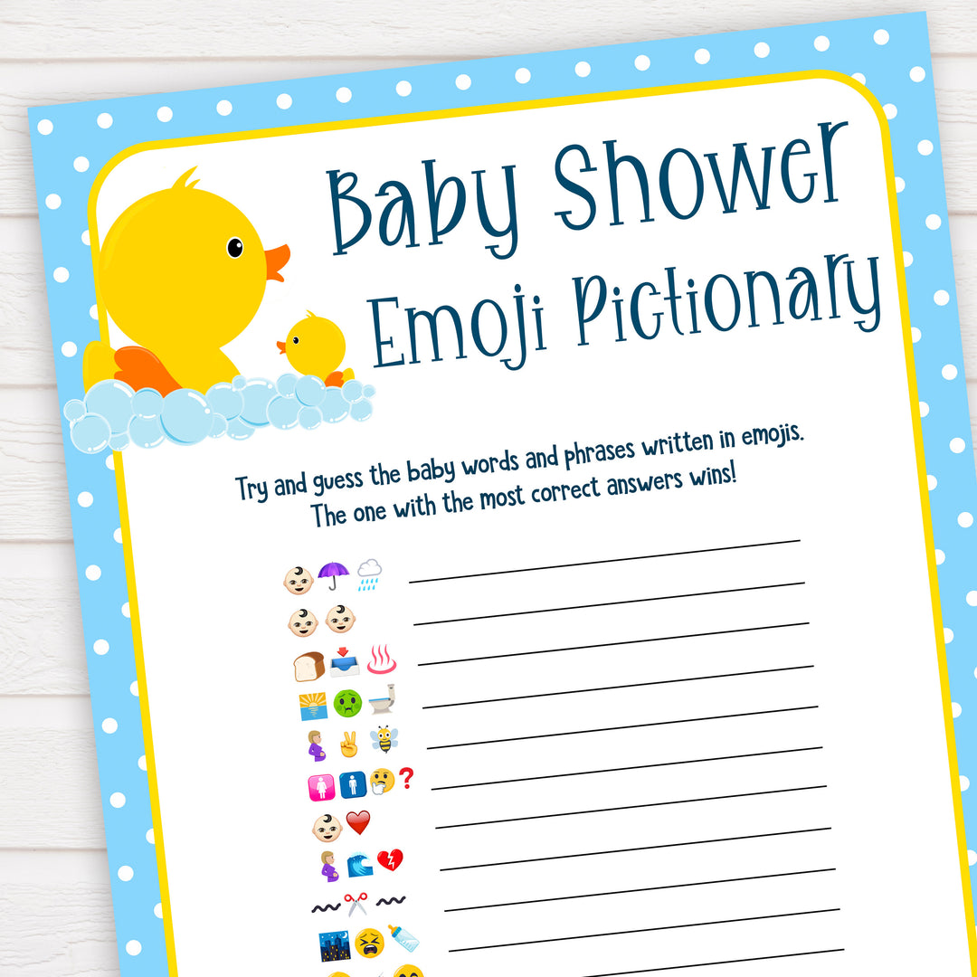 rubber ducky baby games, emoji pictionary baby game, printable baby games, baby shower games, rubber ducky baby theme, fun baby games, popular baby games