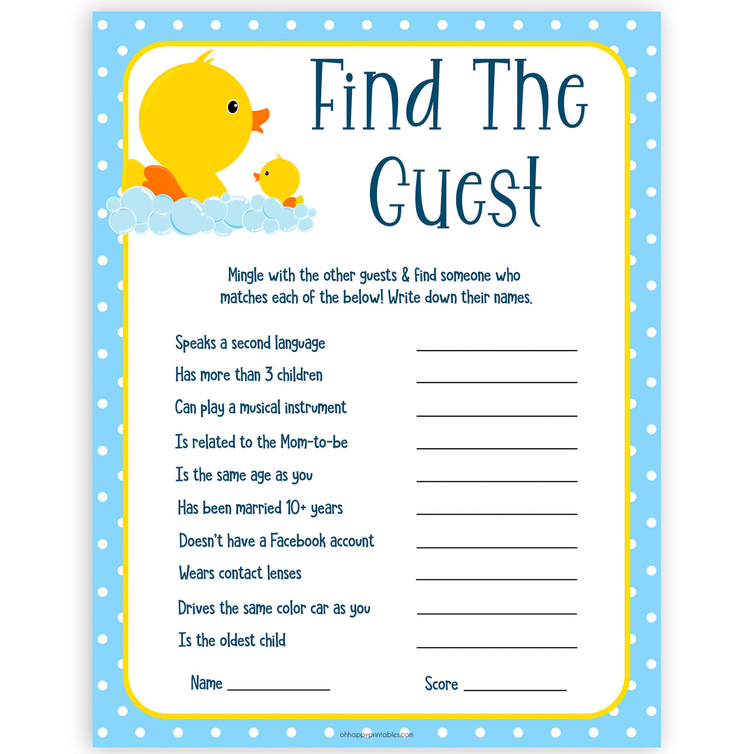 rubber ducky baby games, find the guest baby game, printable baby games, baby shower games, rubber ducky baby theme, fun baby games, popular baby games