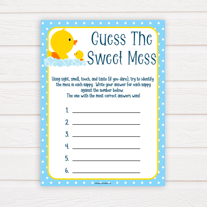 rubber ducky baby games, guess the sweet mess baby game, printable baby games, baby shower games, rubber ducky baby theme, fun baby games, popular baby games
