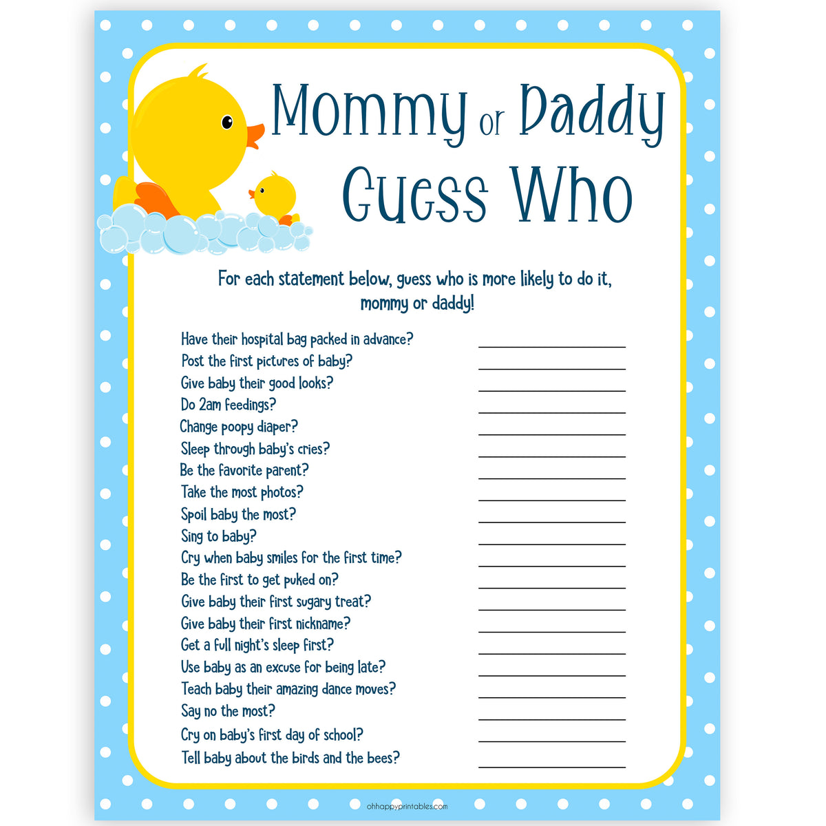 guess-who-s-most-like-to-say-game-rubber-ducky-baby-shower-games-ohhappyprintables for Free Printable Guess Who Mommy Or Daddy Game Guess Who's Most Like to Say Game - Rubber Ducky Baby Shower Games – OhHappyPrintables for Free Printable Guess Who Mommy Or Daddy Game