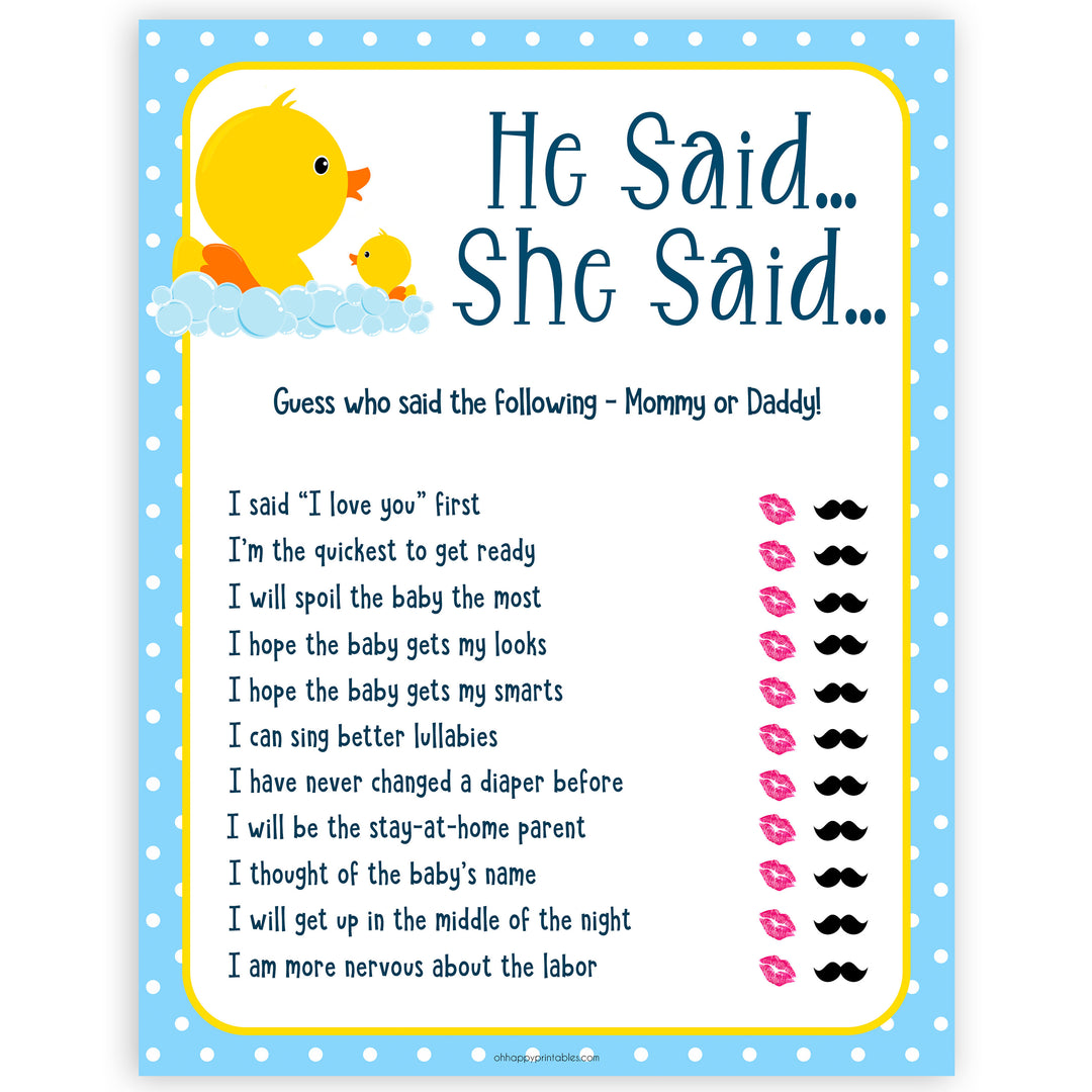 rubber ducky baby games, he said she said baby game, printable baby games, baby shower games, rubber ducky baby theme, fun baby games, popular baby games
