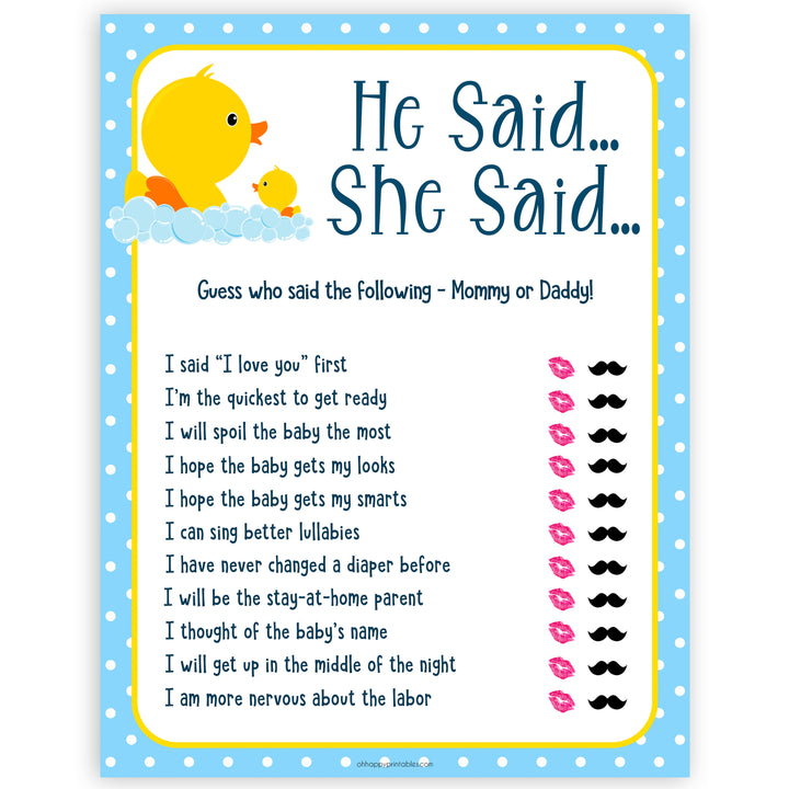 rubber ducky baby games, he said she said baby game, printable baby games, baby shower games, rubber ducky baby theme, fun baby games, popular baby games