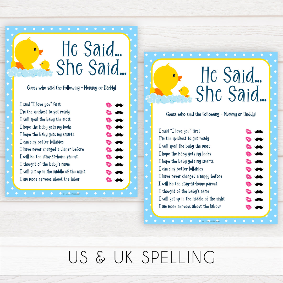 rubber ducky baby games, he said she said baby game, printable baby games, baby shower games, rubber ducky baby theme, fun baby games, popular baby games