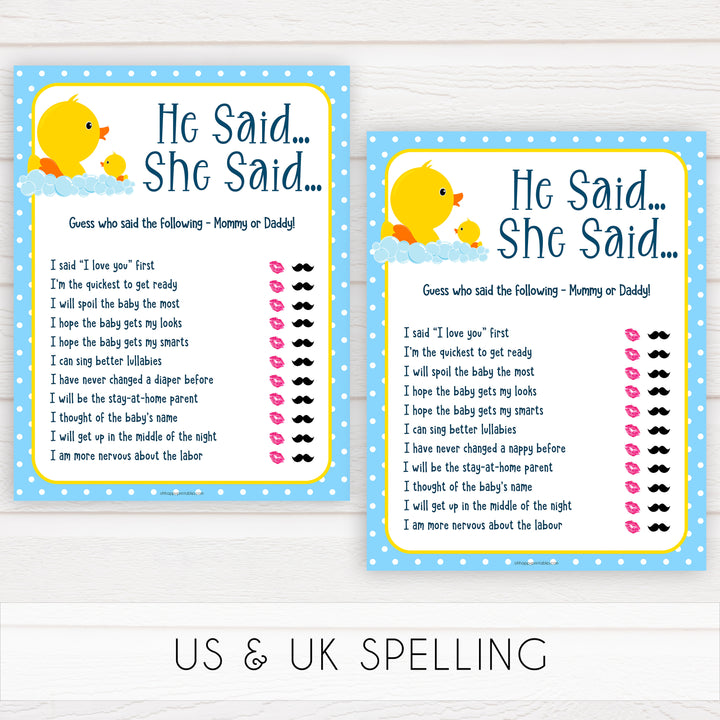 rubber ducky baby games, he said she said baby game, printable baby games, baby shower games, rubber ducky baby theme, fun baby games, popular baby games