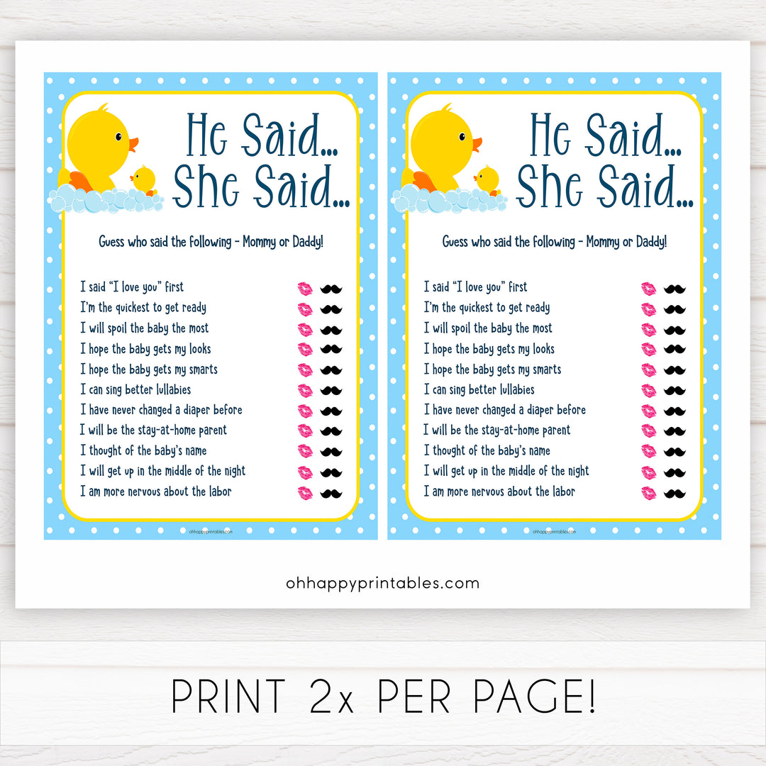 rubber ducky baby games, he said she said baby game, printable baby games, baby shower games, rubber ducky baby theme, fun baby games, popular baby games