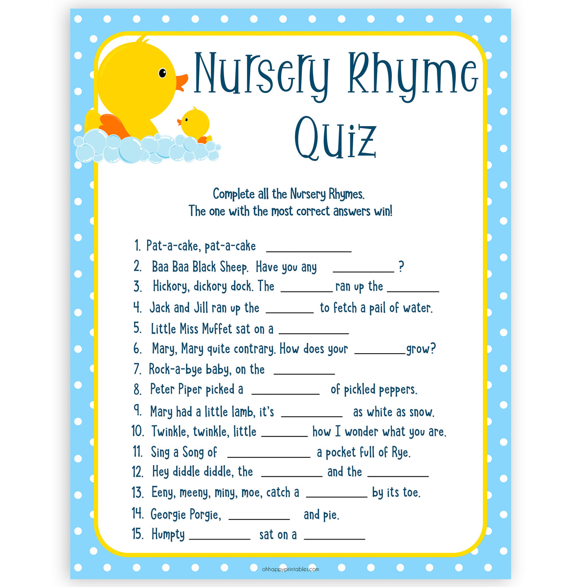 rubber ducky baby games, nursery rhyme quiz baby game, printable baby games, baby shower games, rubber ducky baby theme, fun baby games, popular baby games