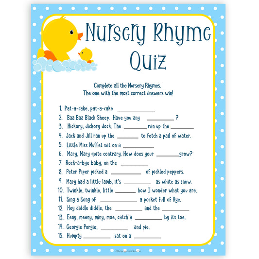 rubber ducky baby games, nursery rhyme quiz baby game, printable baby games, baby shower games, rubber ducky baby theme, fun baby games, popular baby games