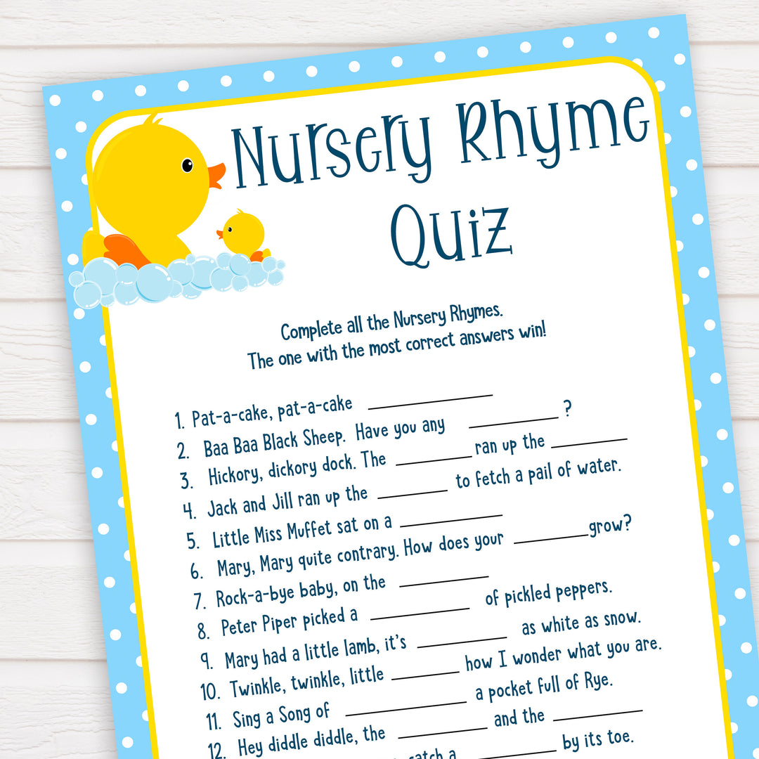 rubber ducky baby games, nursery rhyme quiz baby game, printable baby games, baby shower games, rubber ducky baby theme, fun baby games, popular baby games