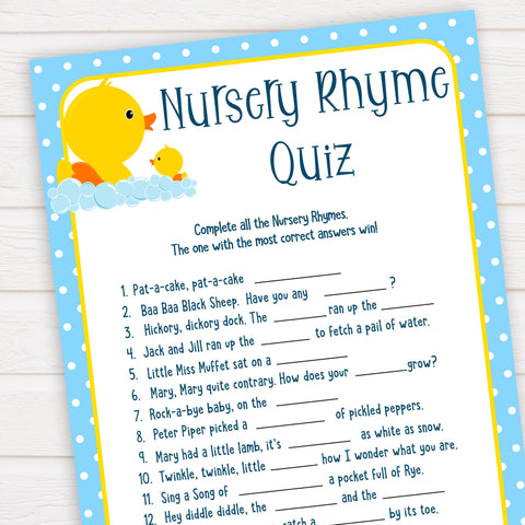 rubber ducky baby games, nursery rhyme quiz baby game, printable baby games, baby shower games, rubber ducky baby theme, fun baby games, popular baby games
