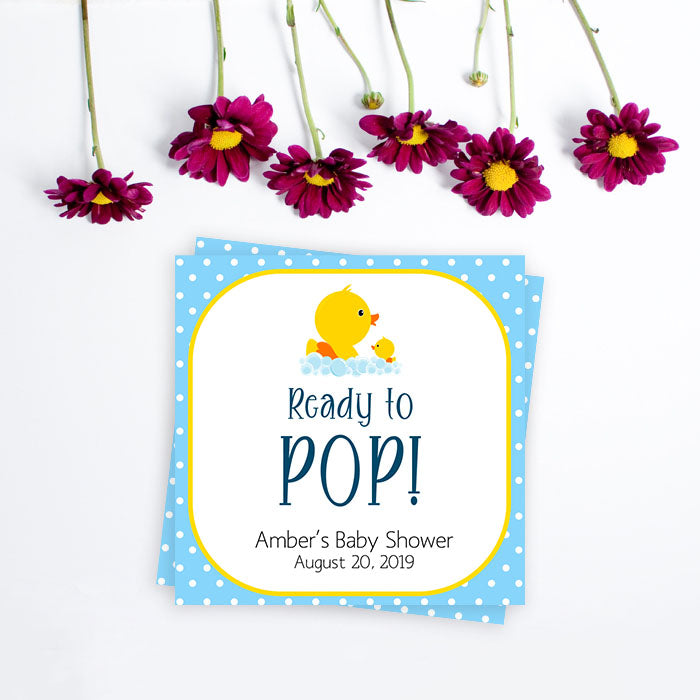 rubber ducky baby shower, ready to pop tags, editable ready to pop tags, printable baby shower tags, fun baby shower ideas