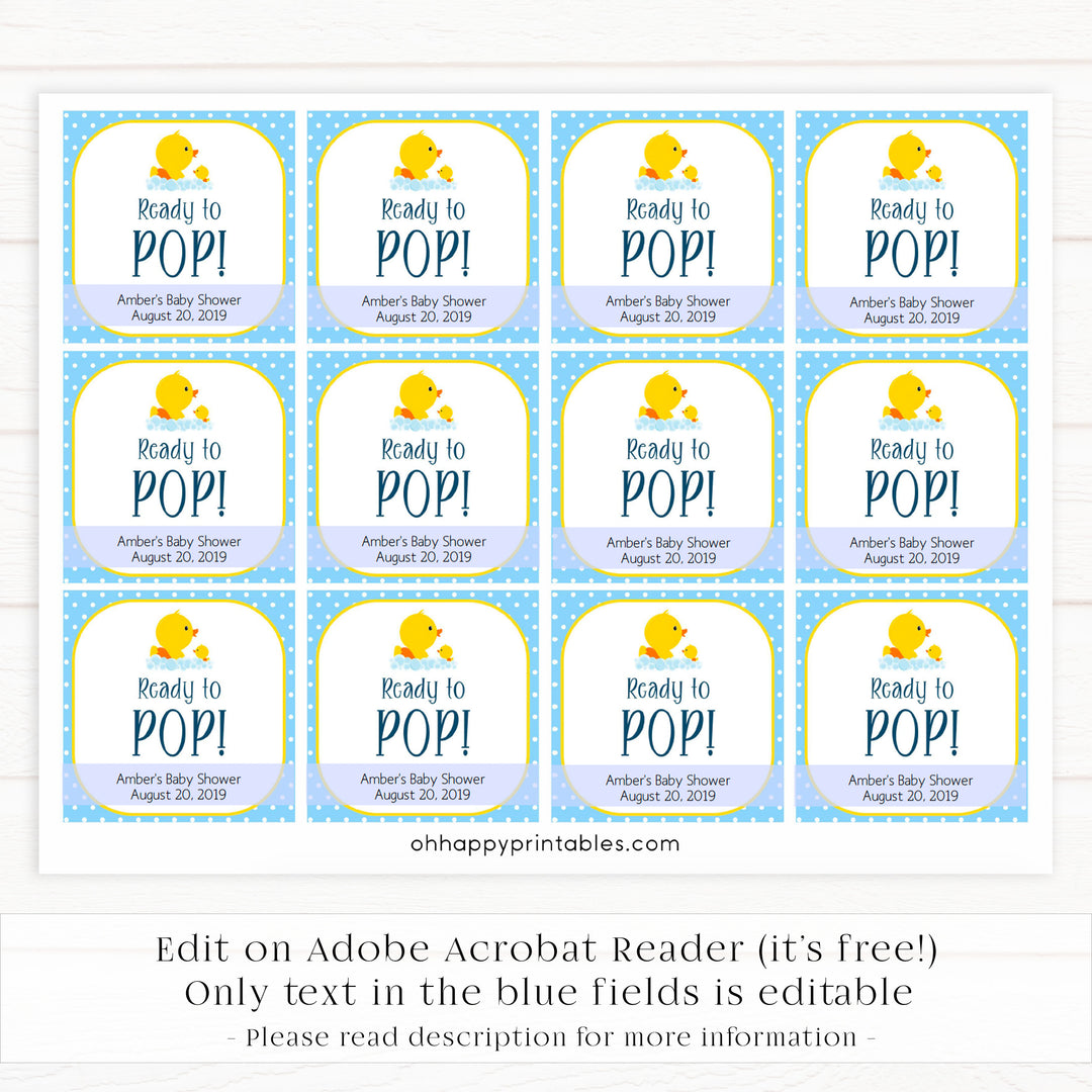 rubber ducky baby shower, ready to pop tags, editable ready to pop tags, printable baby shower tags, fun baby shower ideas