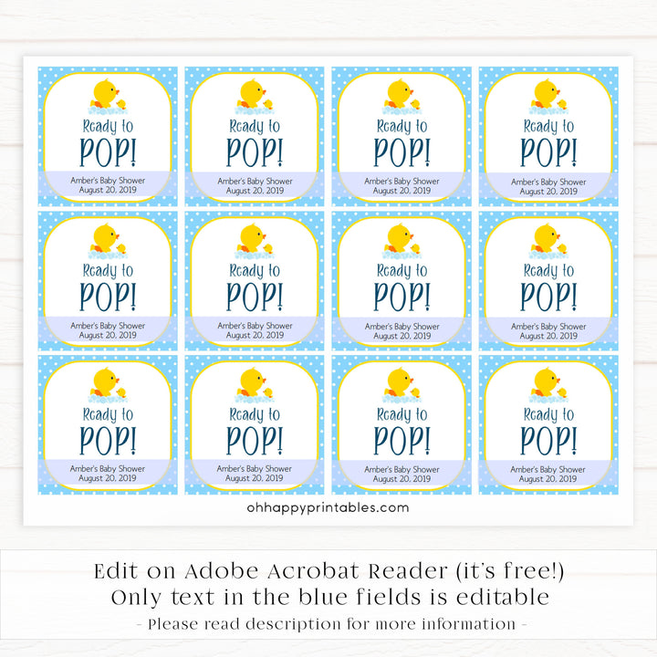 rubber ducky baby shower, ready to pop tags, editable ready to pop tags, printable baby shower tags, fun baby shower ideas