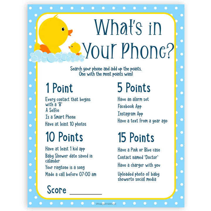 rubber ducky baby games, whats in your phone baby game, printable baby games, baby shower games, rubber ducky baby theme, fun baby games, popular baby games