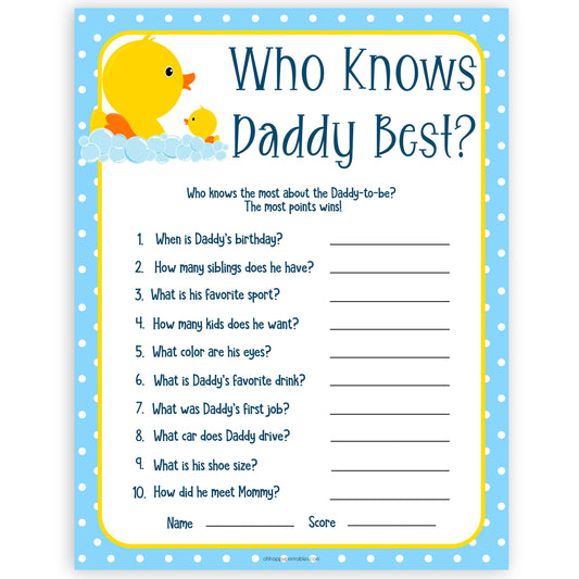 rubber ducky baby games, who knows daddy best baby game, printable baby games, baby shower games, rubber ducky baby theme, fun baby games, popular baby games