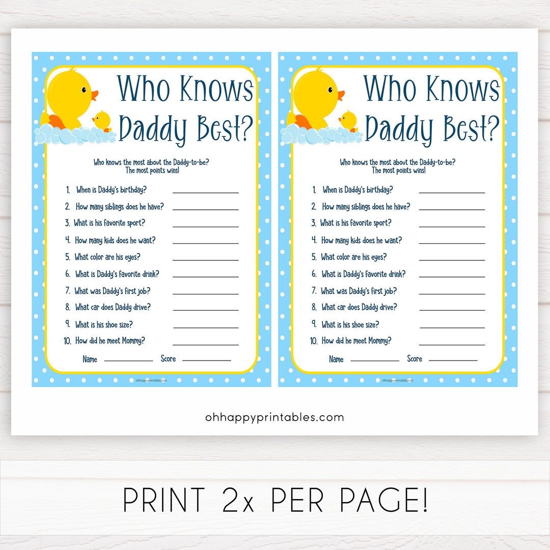 rubber ducky baby games, who knows daddy best baby game, printable baby games, baby shower games, rubber ducky baby theme, fun baby games, popular baby games