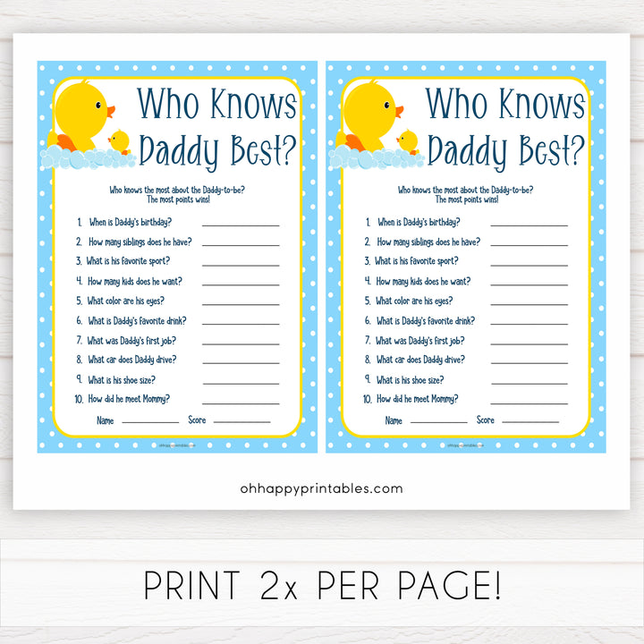 rubber ducky baby games, who knows daddy best baby game, printable baby games, baby shower games, rubber ducky baby theme, fun baby games, popular baby games