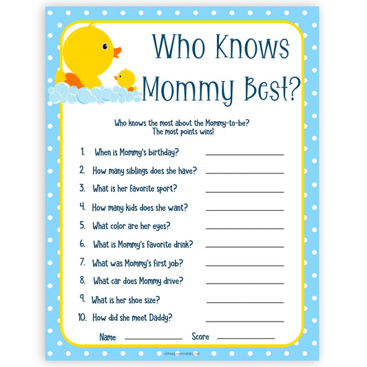 rubber ducky baby games, who knows mommy best, who knows mummy best baby game, printable baby games, baby shower games, rubber ducky baby theme, fun baby games, popular baby games