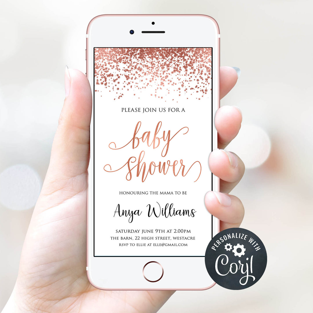 editable rose gold mobile baby shower invitations, editable baby shower invites, rose gold baby shower invites
