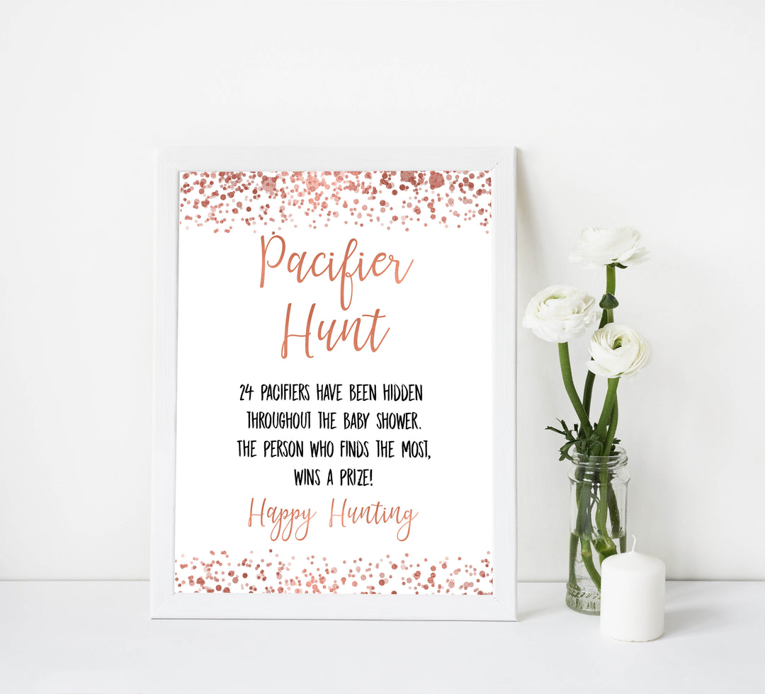 pacifier hunt game, pacifier hunt, Printable baby shower games, rose gold fun baby games, baby shower games, fun baby shower ideas, top baby shower ideas, blush baby shower, rose gold baby shower ideas