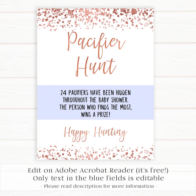 pacifier hunt game, pacifier hunt, Printable baby shower games, rose gold fun baby games, baby shower games, fun baby shower ideas, top baby shower ideas, blush baby shower, rose gold baby shower ideas