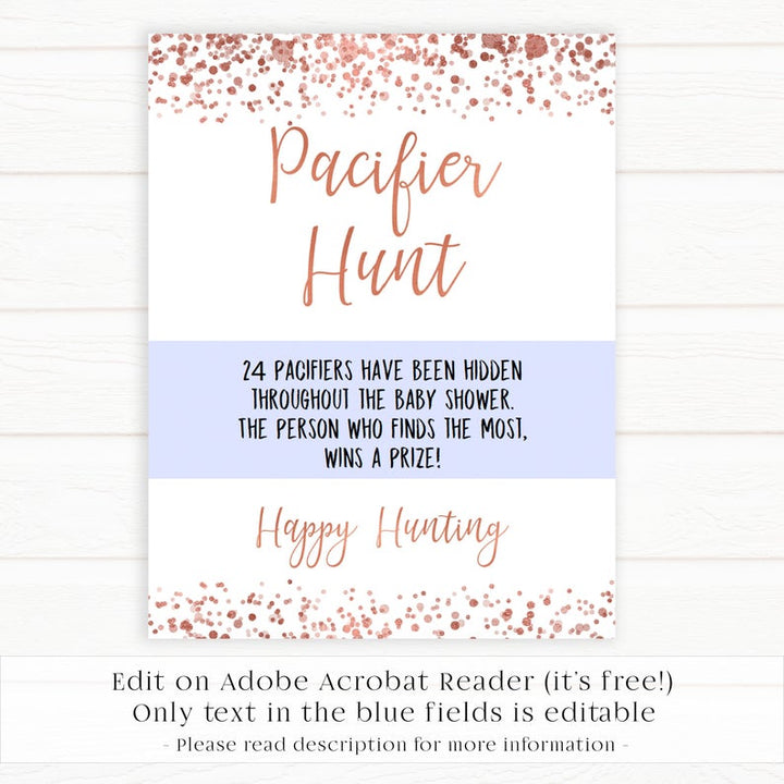 pacifier hunt game, pacifier hunt, Printable baby shower games, rose gold fun baby games, baby shower games, fun baby shower ideas, top baby shower ideas, blush baby shower, rose gold baby shower ideas