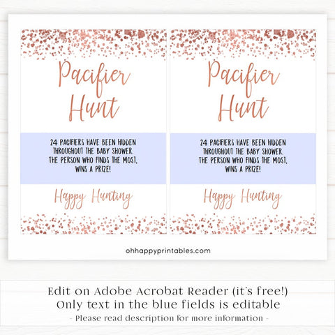 pacifier hunt game, pacifier hunt, Printable baby shower games, rose gold fun baby games, baby shower games, fun baby shower ideas, top baby shower ideas, blush baby shower, rose gold baby shower ideas