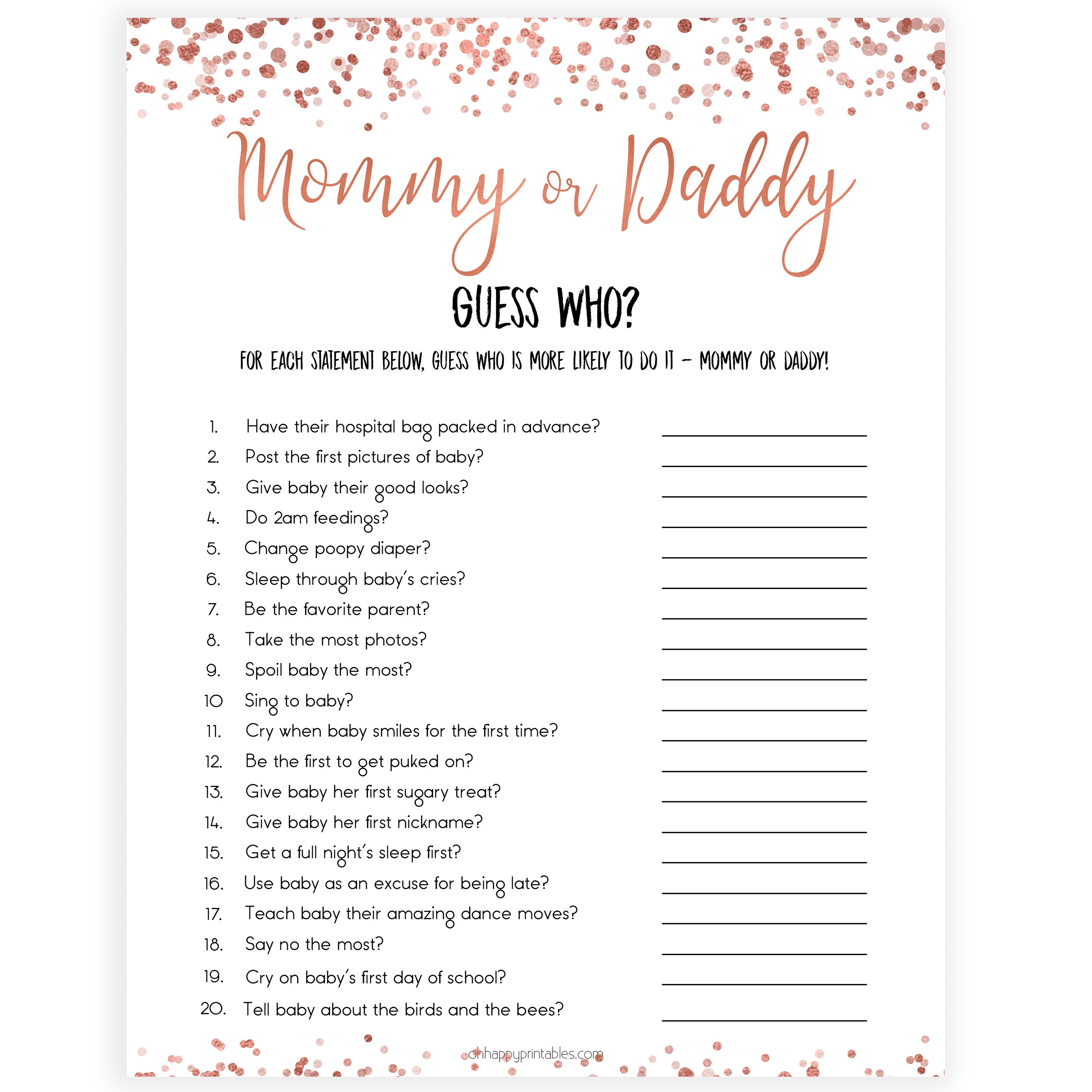 rose gold baby guess who mommy or daddy baby game, printable baby shower games, fun baby games, rose gold baby games, popular baby games
