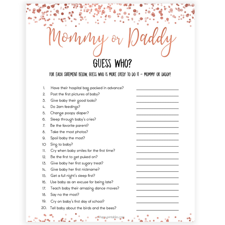 rose gold baby guess who mommy or daddy baby game, printable baby shower games, fun baby games, rose gold baby games, popular baby games