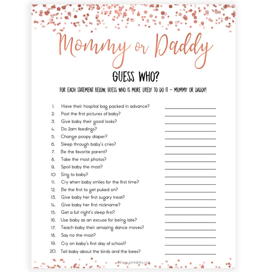 rose gold baby guess who mommy or daddy baby game, printable baby shower games, fun baby games, rose gold baby games, popular baby games