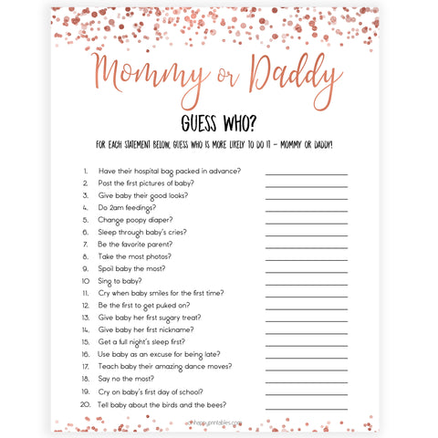 rose gold baby guess who mommy or daddy baby game, printable baby shower games, fun baby games, rose gold baby games, popular baby games