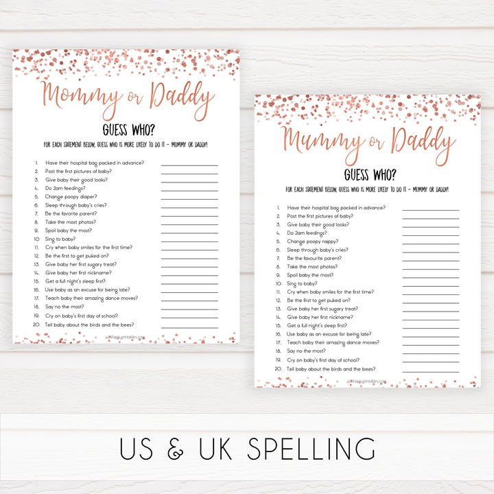 rose gold baby guess who mommy or daddy baby game, printable baby shower games, fun baby games, rose gold baby games, popular baby games