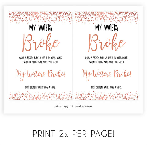 rose gold my waters broke sign, printable baby shower signs, fun baby shower signs, popular baby shower signs, printable baby shower games, fun baby games, waters broke baby game