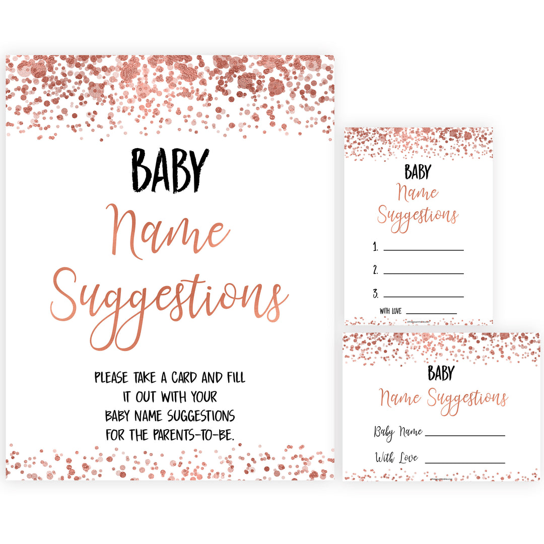 rose gold baby name suggestions, baby name suggestions keepsake, printable baby keepsakes, baby shower games, fun baby shower games