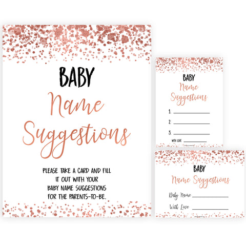 rose gold baby name suggestions, baby name suggestions keepsake, printable baby keepsakes, baby shower games, fun baby shower games