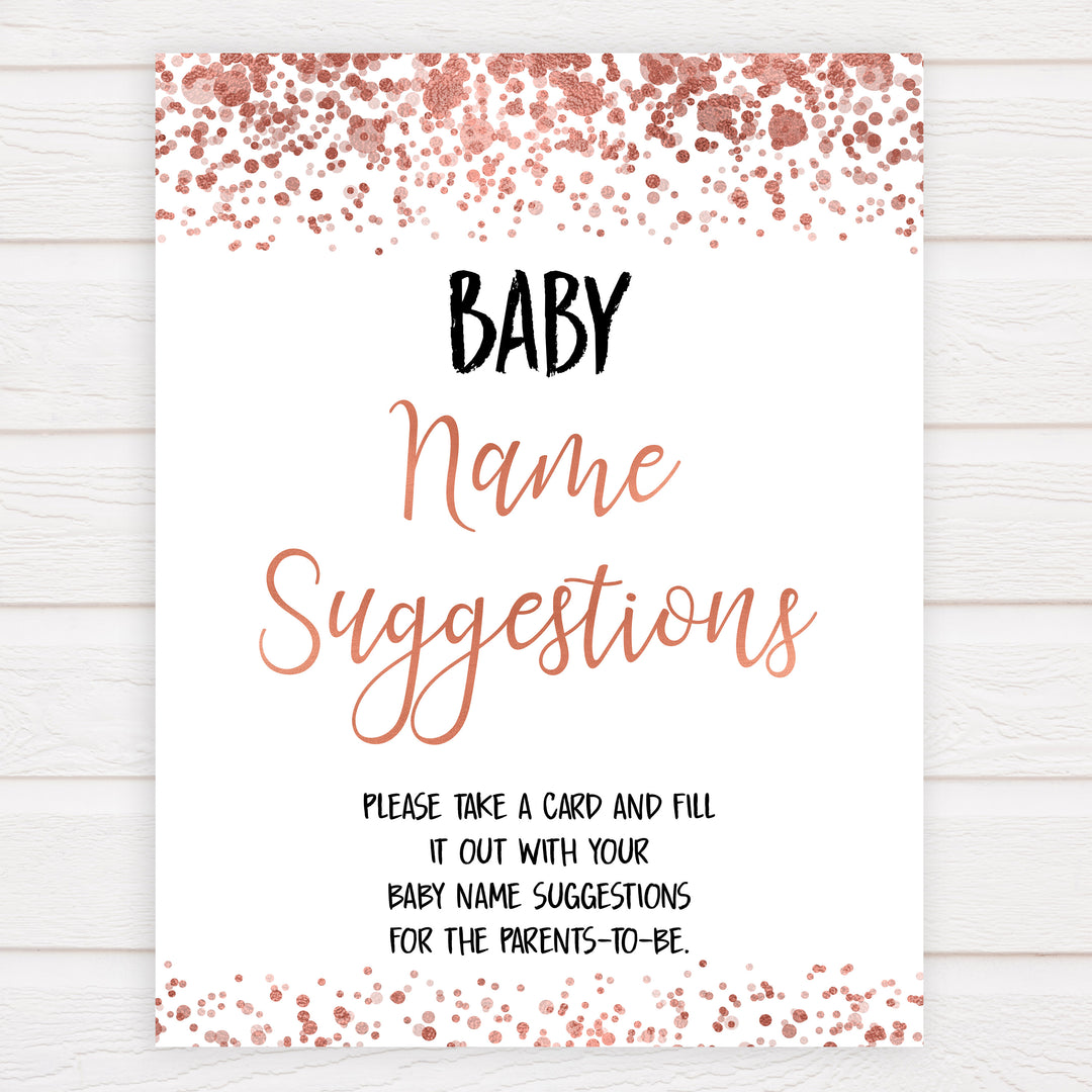 rose gold baby name suggestions, baby name suggestions keepsake, printable baby keepsakes, baby shower games, fun baby shower games