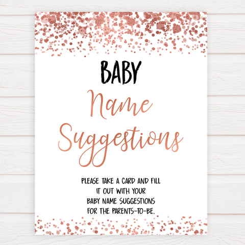 rose gold baby name suggestions, baby name suggestions keepsake, printable baby keepsakes, baby shower games, fun baby shower games
