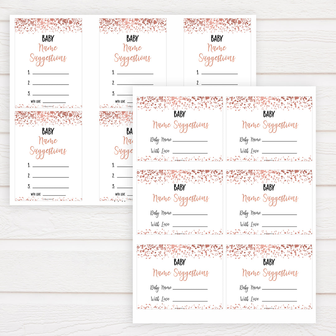 rose gold baby name suggestions, baby name suggestions keepsake, printable baby keepsakes, baby shower games, fun baby shower games
