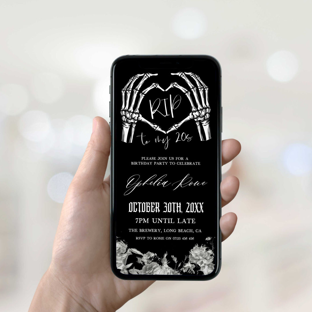 fully editable invitation and mobile invitation celebrating the death of my twenties. Gothic death to my twenties invitation suite