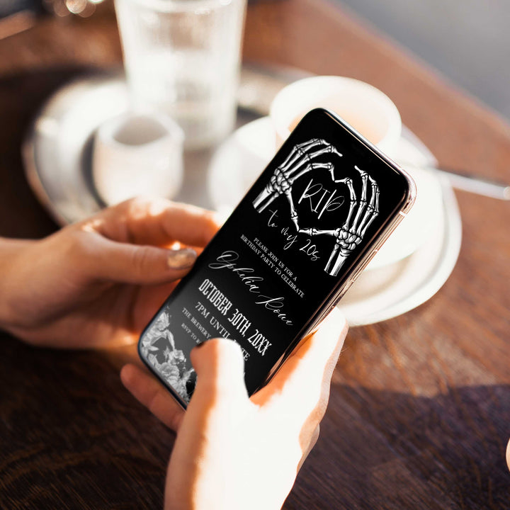 fully editable invitation and mobile invitation celebrating the death of my twenties. Gothic death to my twenties invitation suite