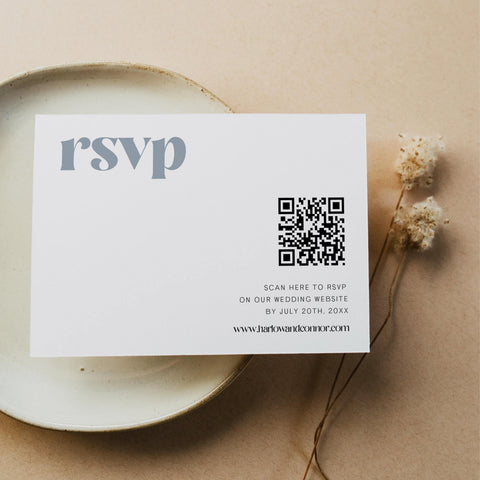 editable QR RSVP code, printable QR RSVP card, modern wedding invitation suite, editable wedding stationery, printable wedding stationery, modern wedding items, wedding save the dates