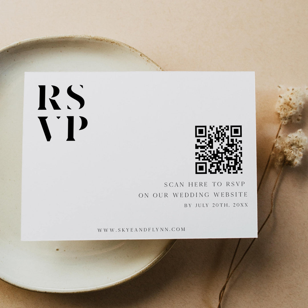 editable QR code RSVP wedding card, printable QR code wedding card, editable wedding invitation suite, editable wedding stationery, printable wedding stationery, modern wedding items, wedding save the dates