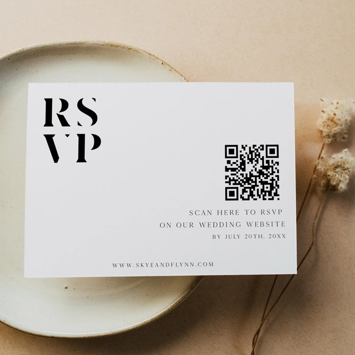 editable QR code RSVP wedding card, printable QR code wedding card, editable wedding invitation suite, editable wedding stationery, printable wedding stationery, modern wedding items, wedding save the dates