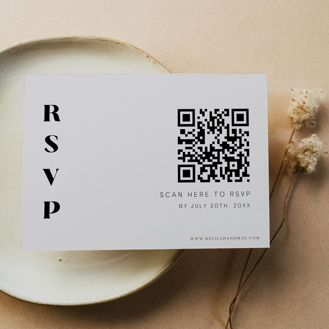 editable QR RSVP card, grey modern wedding invitation suite, editable wedding stationery, printable wedding stationery, modern wedding items, wedding save the dates