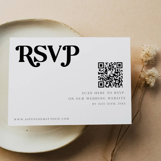 QR RSVP card, 70s Style wedding invitation suite, editable wedding stationery, printable wedding stationery, modern wedding items, wedding save the dates
