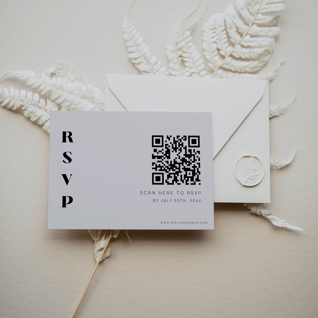 editable QR RSVP card, grey modern wedding invitation suite, editable wedding stationery, printable wedding stationery, modern wedding items, wedding save the dates