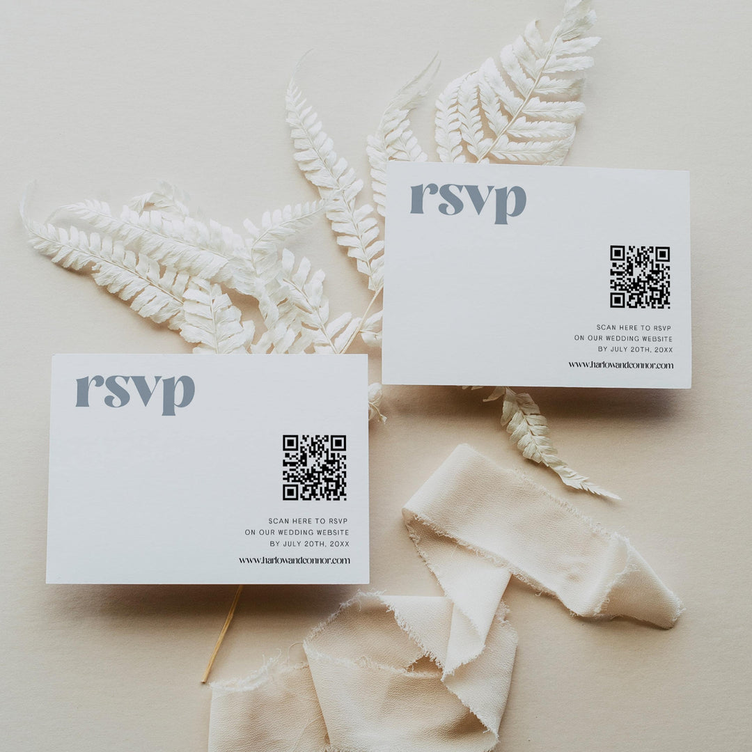 editable QR RSVP code, printable QR RSVP card, modern wedding invitation suite, editable wedding stationery, printable wedding stationery, modern wedding items, wedding save the dates