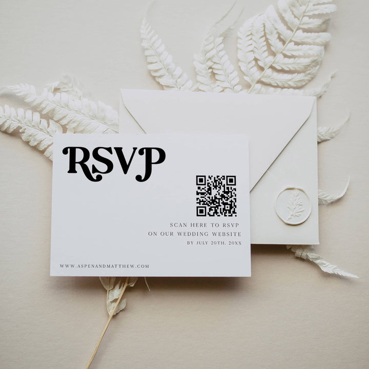 QR RSVP card, 70s Style wedding invitation suite, editable wedding stationery, printable wedding stationery, modern wedding items, wedding save the dates