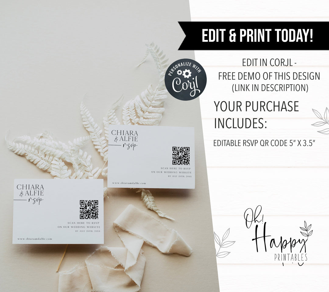 wedding QR code RSVP Card, modern wedding invitation suite, editable wedding stationery, printable wedding stationery, modern wedding items, wedding save the dates